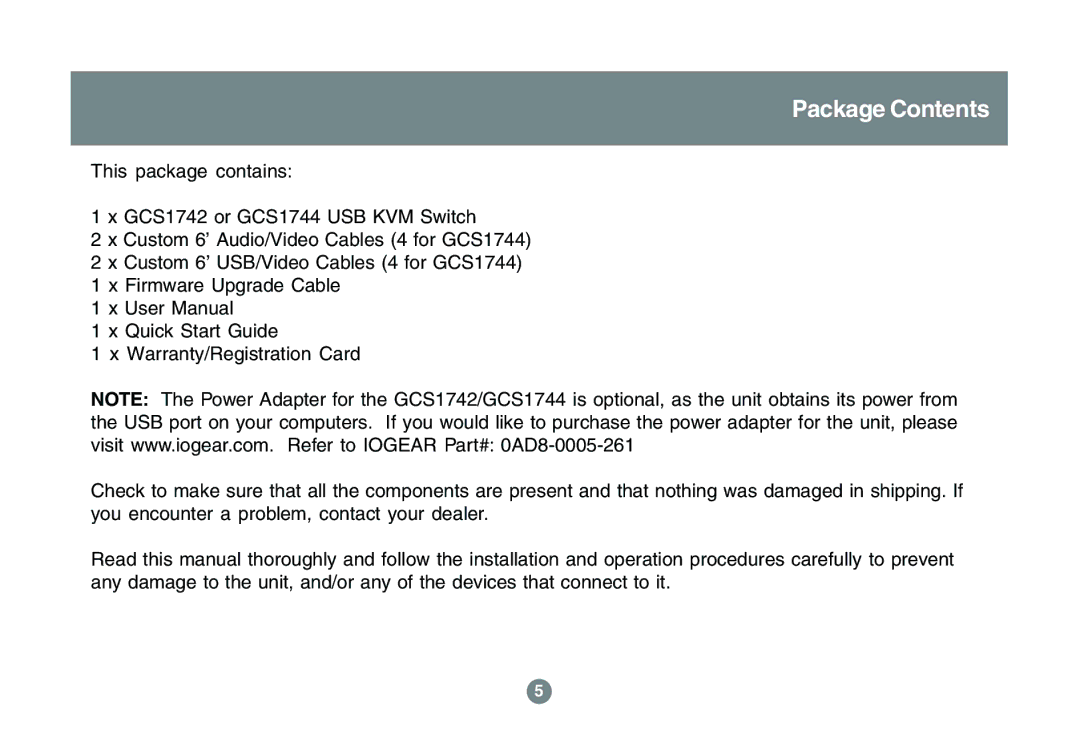 IOGear GCS1742 user manual Package Contents 