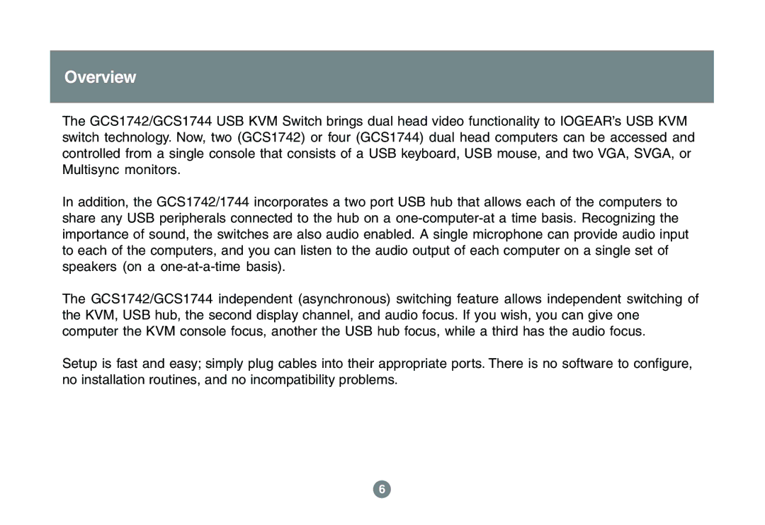 IOGear GCS1742 user manual Overview 