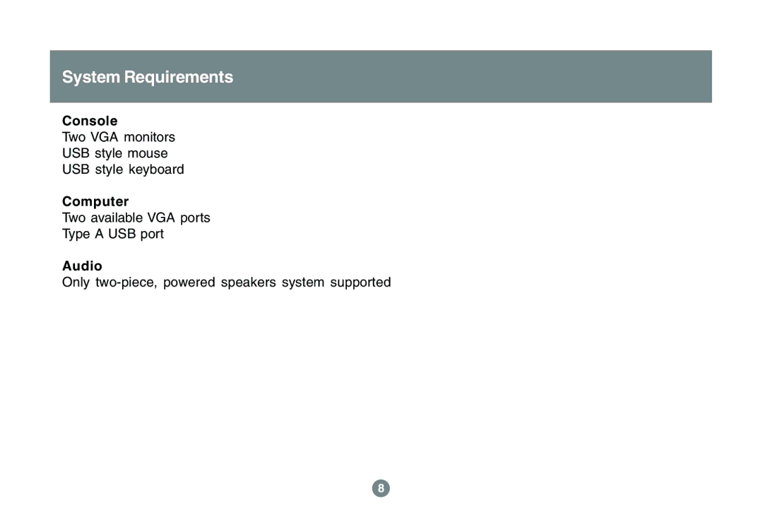 IOGear GCS1742 user manual System Requirements, Console, Computer, Audio 