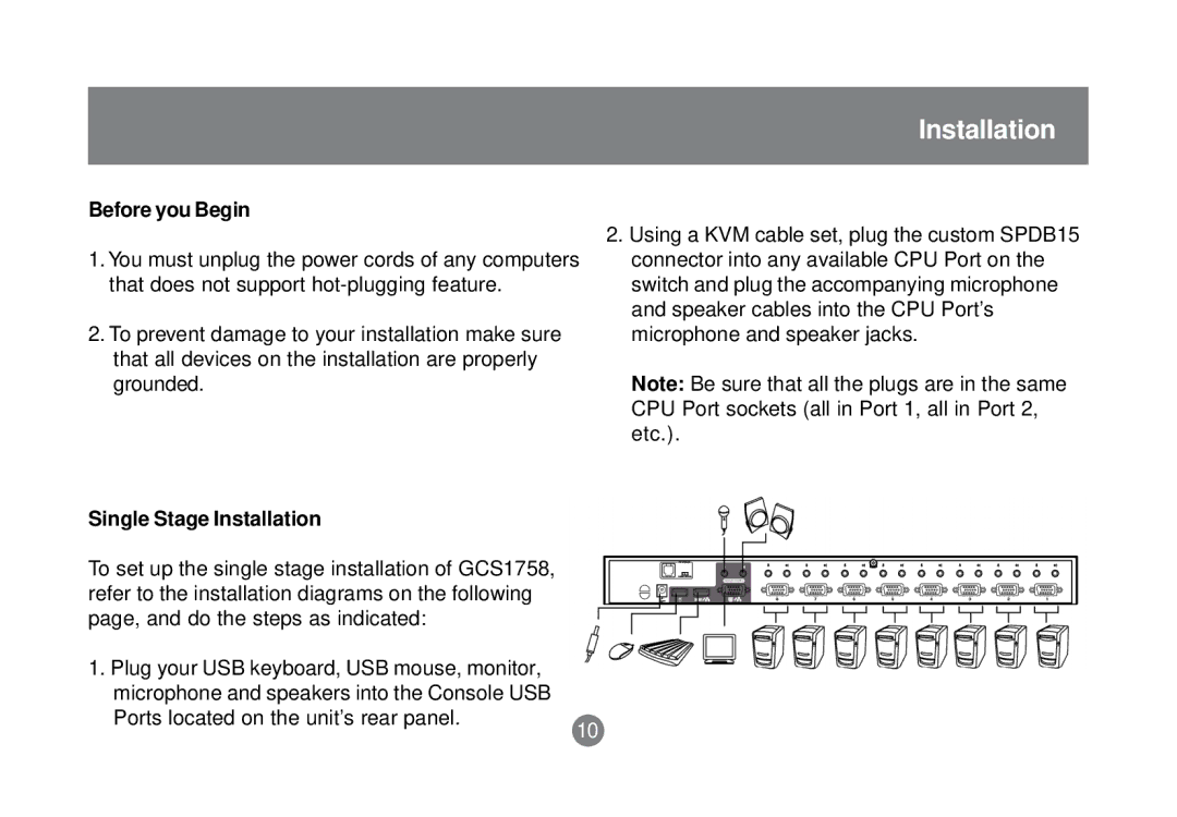 IOGear GCS1758 user manual Before you Begin, Single Stage Installation 