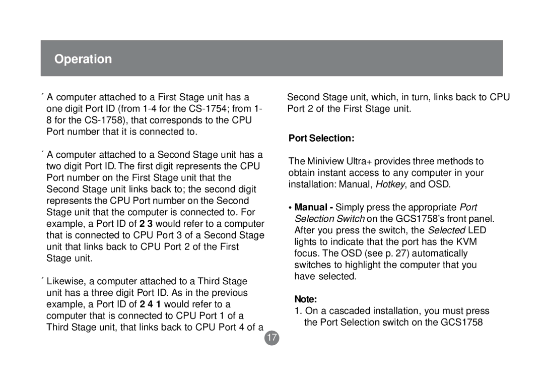 IOGear GCS1758 user manual Port Selection 