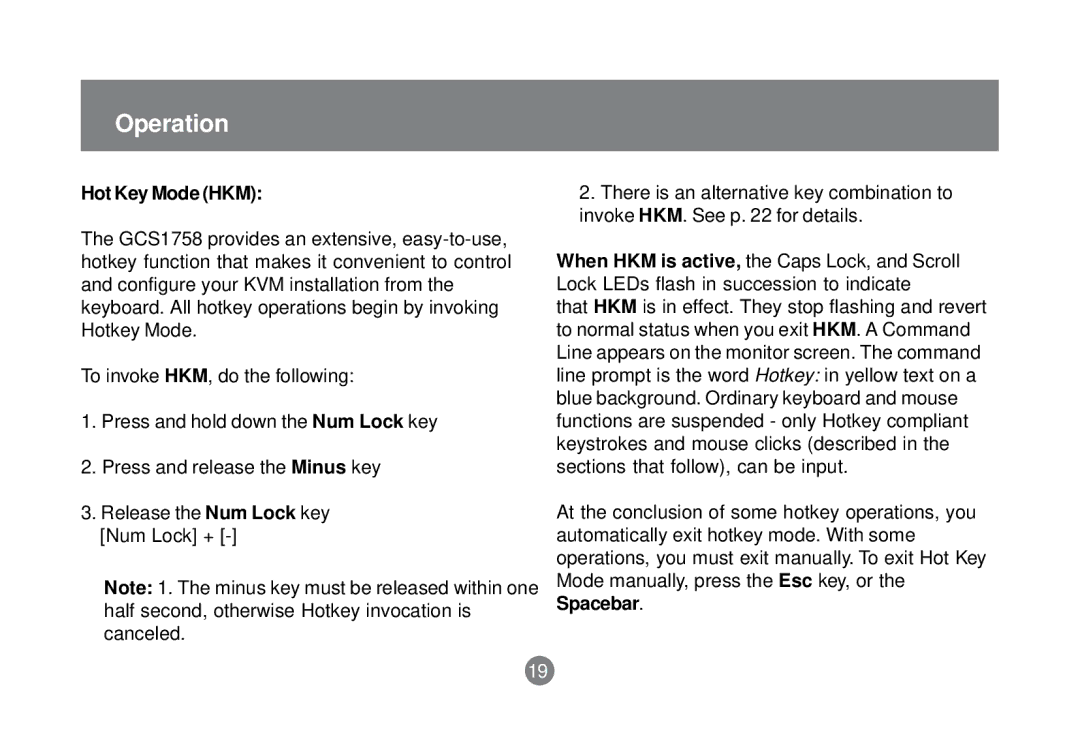 IOGear GCS1758 user manual Hot Key Mode HKM 