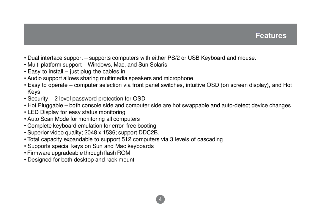 IOGear GCS1758 user manual Features 