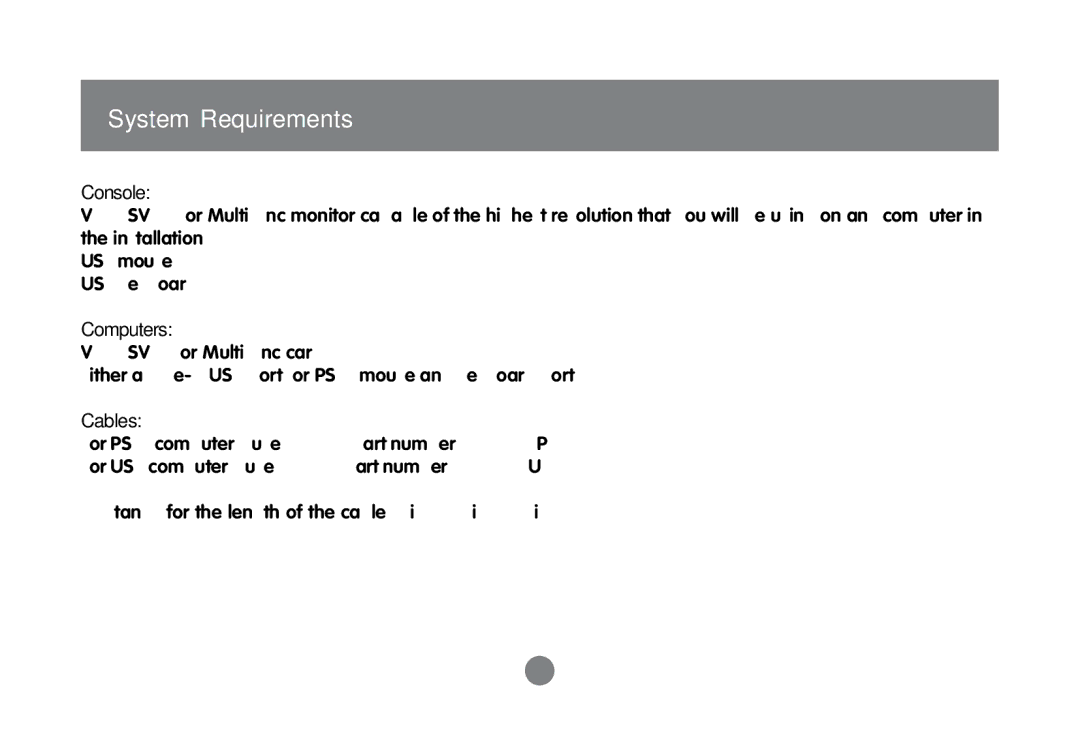 IOGear GCS1758 user manual System Requirements, Console, Computers, Cables 