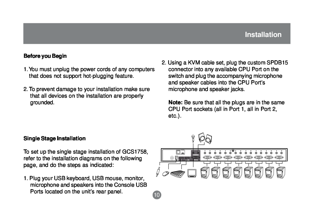IOGear GCS1758 user manual Before you Begin, Single Stage Installation 