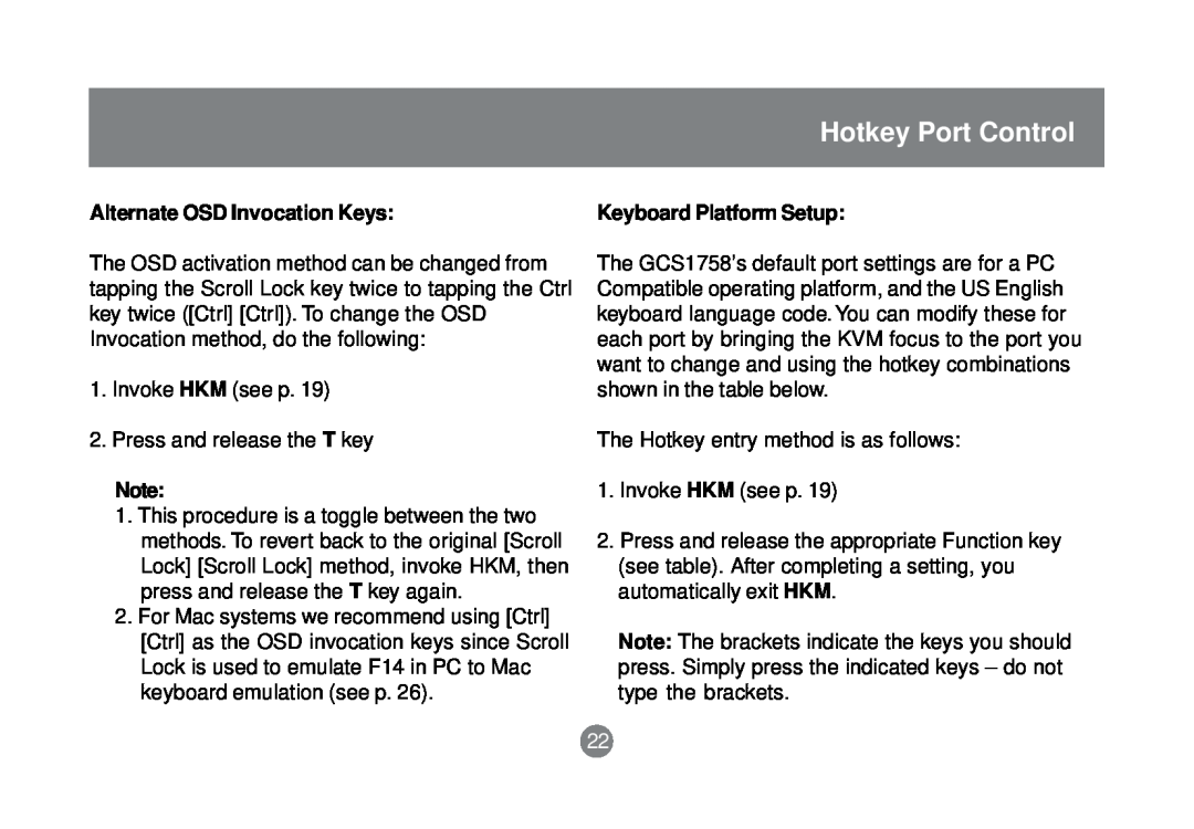 IOGear GCS1758 user manual Hotkey Port Control, Alternate OSD Invocation Keys 