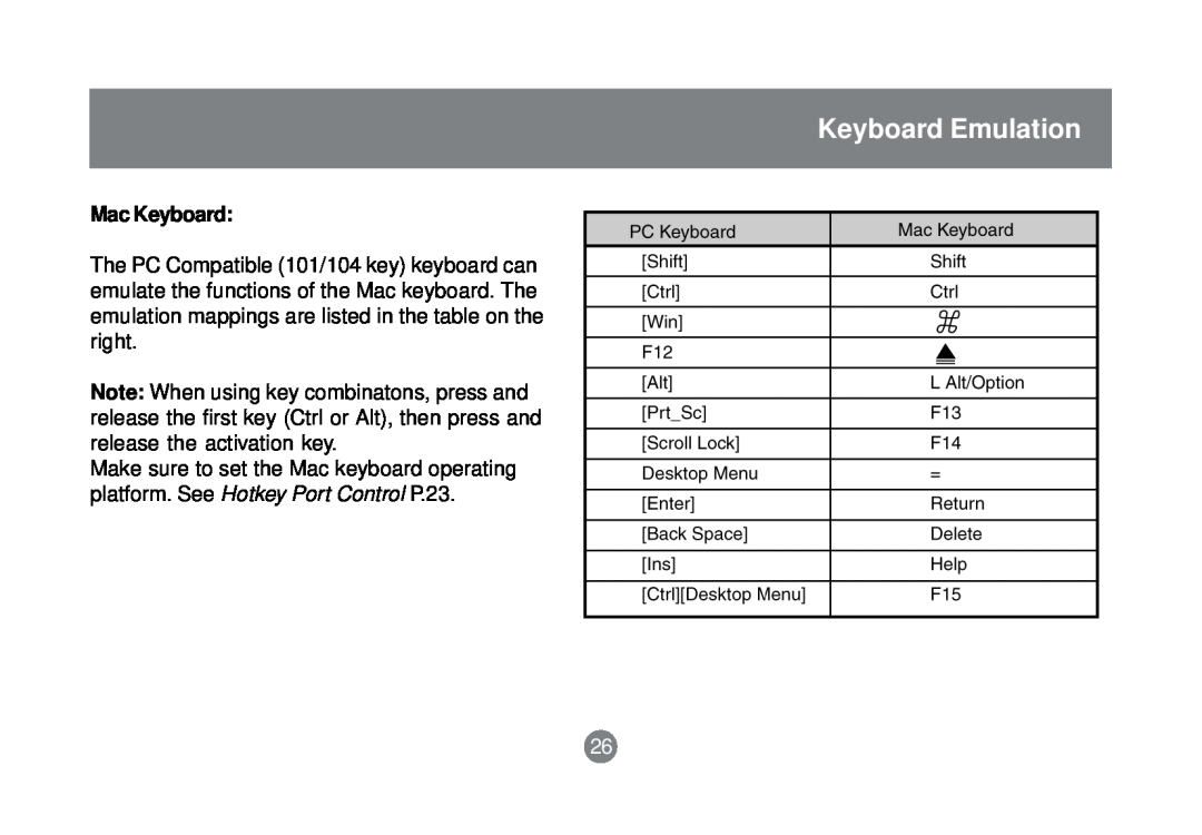 IOGear GCS1758 user manual Keyboard Emulation, Mac Keyboard 