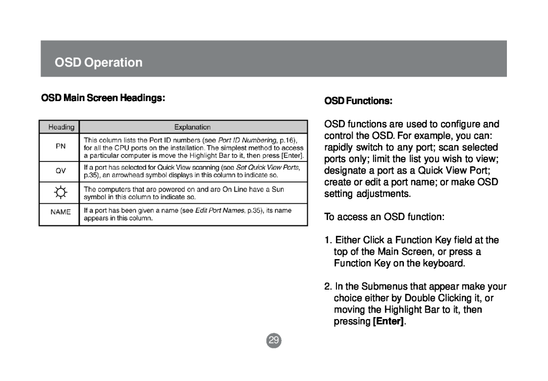 IOGear GCS1758 user manual OSD Operation, OSD Main Screen Headings, OSD Functions 