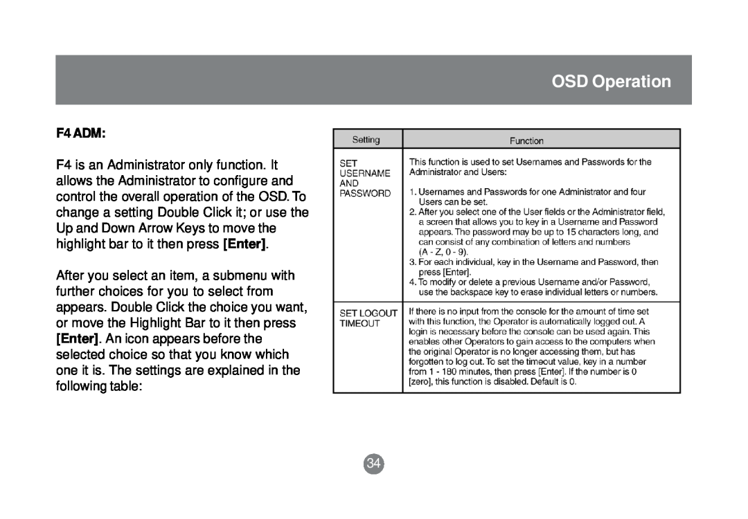 IOGear GCS1758 user manual OSD Operation, F4 ADM 