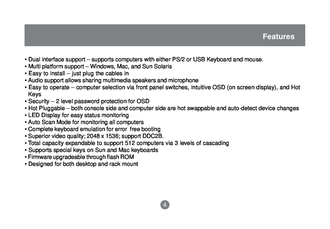 IOGear GCS1758 user manual Features 