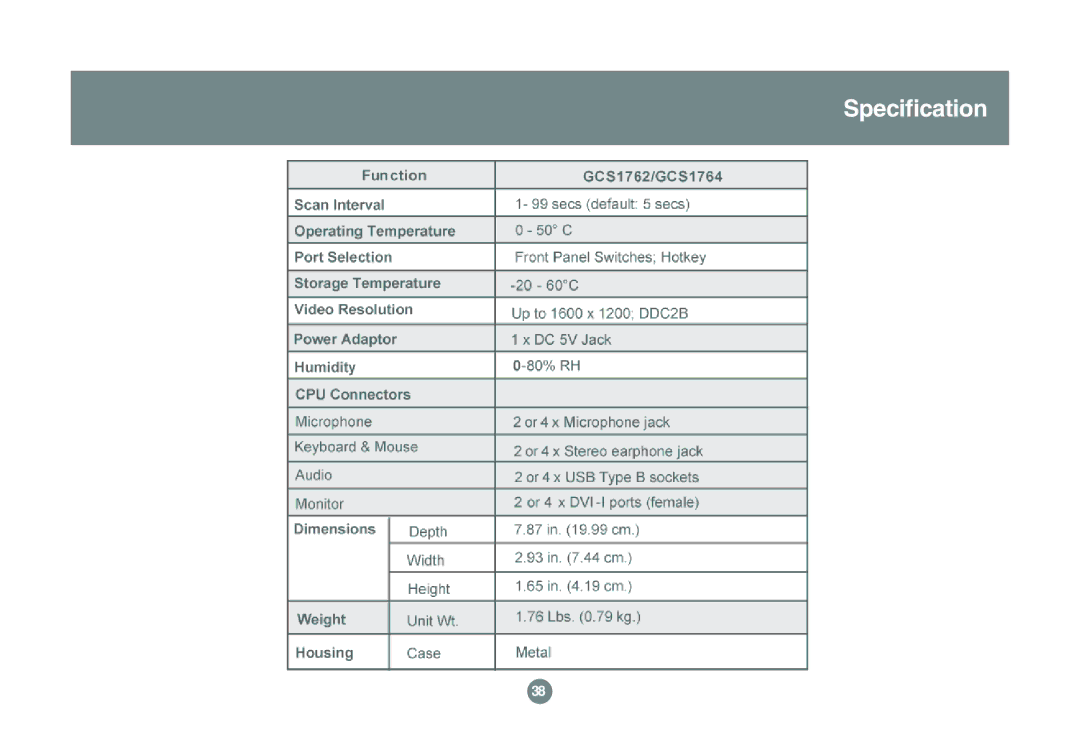 IOGear GCS1762 user manual Specification 