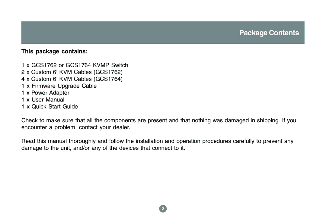 IOGear GCS1762 user manual Package Contents 