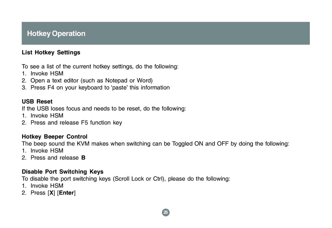 IOGear GCS1762 user manual List Hotkey Settings, USB Reset, Hotkey Beeper Control, Disable Port Switching Keys 