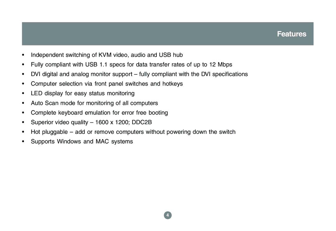 IOGear GCS1762 user manual Features 