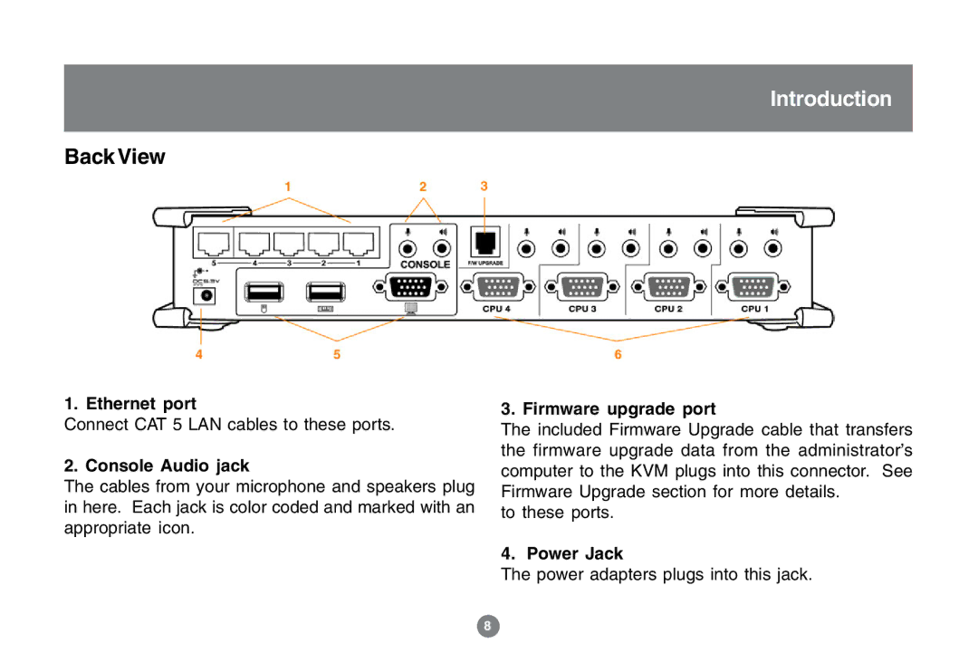 IOGear GCS1772 user manual Ethernet port, Console Audio jack, Firmware upgrade port, Power Jack 