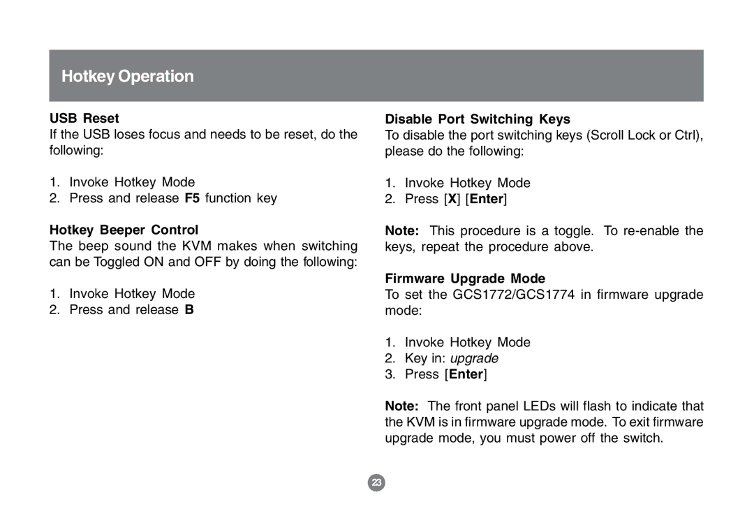 IOGear GCS1772 user manual USB Reset, Hotkey Beeper Control, Disable Port Switching Keys, Firmware Upgrade Mode 