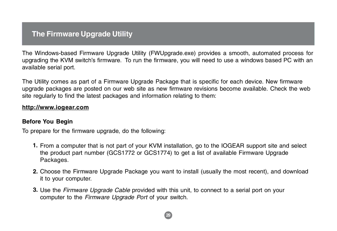 IOGear GCS1772 user manual Firmware Upgrade Utility, Before You Begin 