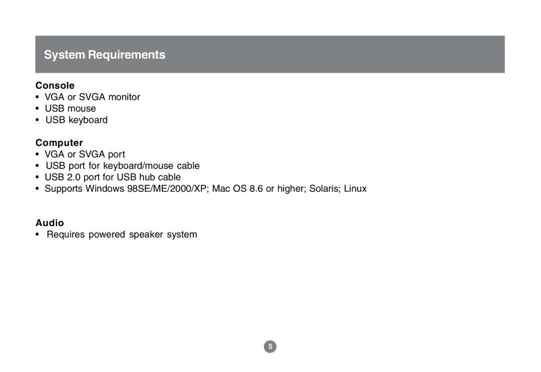 IOGear GCS1772 user manual System Requirements, Console, Computer, Audio 