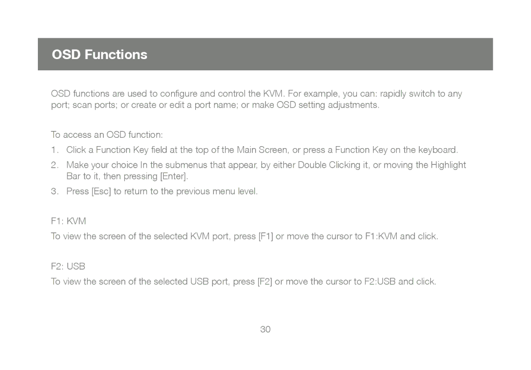 IOGear GCS1804, GCS1802 user manual OSD Functions, F1 KVM 