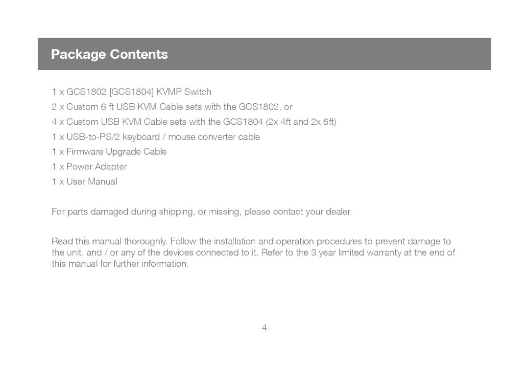 IOGear GCS1804, GCS1802 user manual Package Contents 