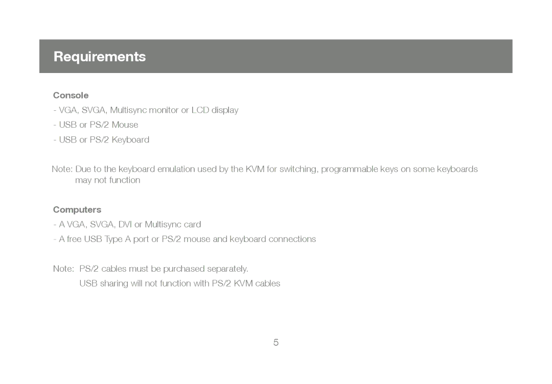 IOGear GCS1802, GCS1804 user manual Requirements, Console, Computers 