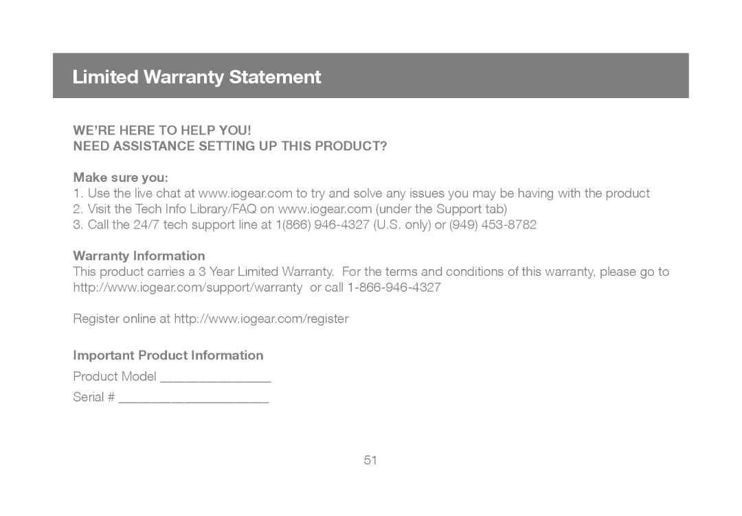 IOGear GCS1802, GCS1804 Limited Warranty Statement, Make sure you, Warranty Information Important Product Information 