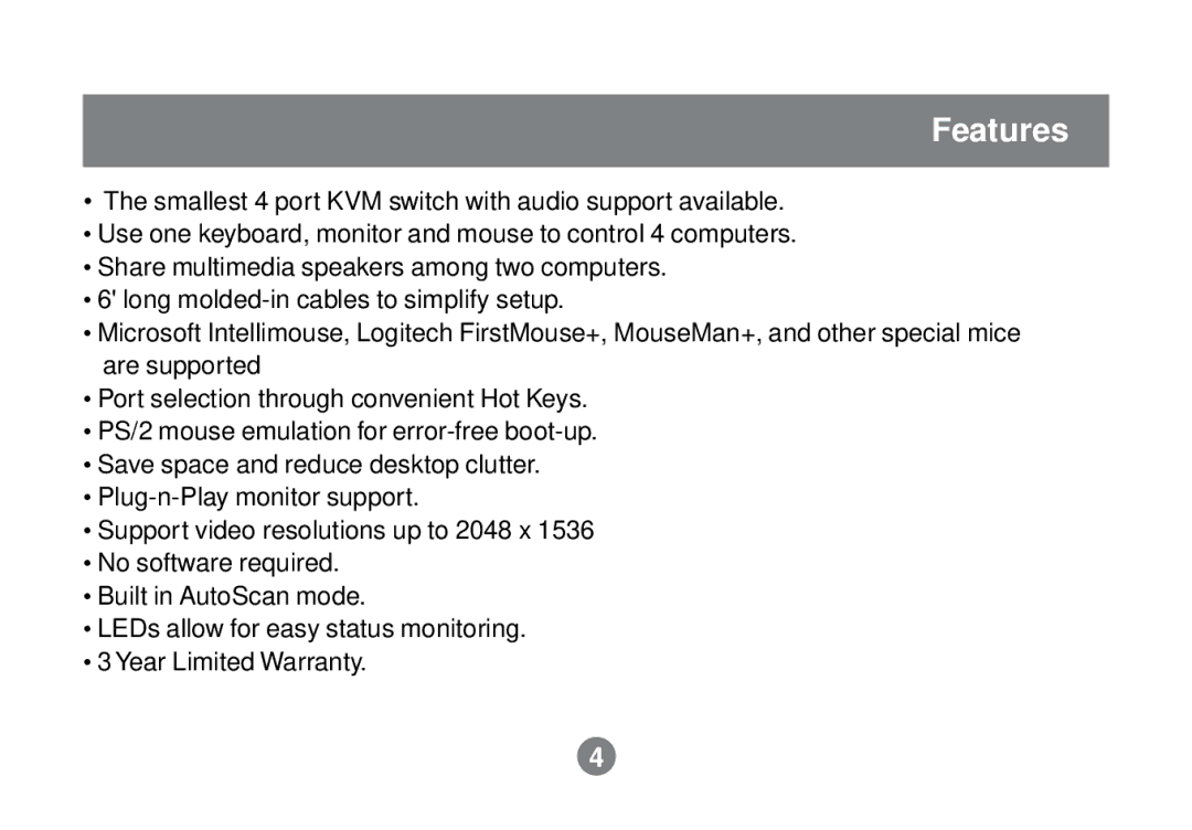 IOGear GCS614A installation manual Features 