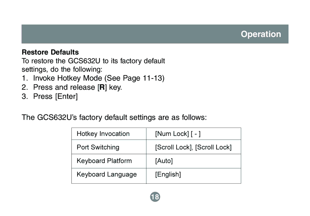 IOGear GCS632U installation manual Restore Defaults 