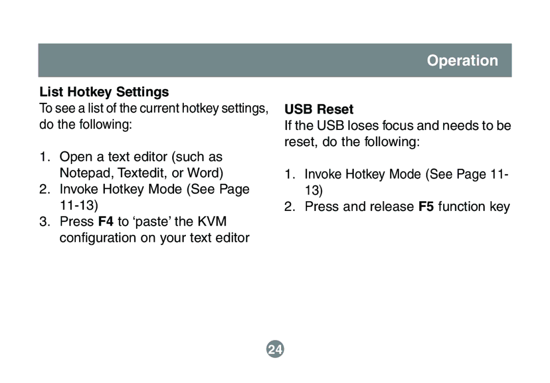 IOGear GCS632U installation manual List Hotkey Settings, USB Reset 