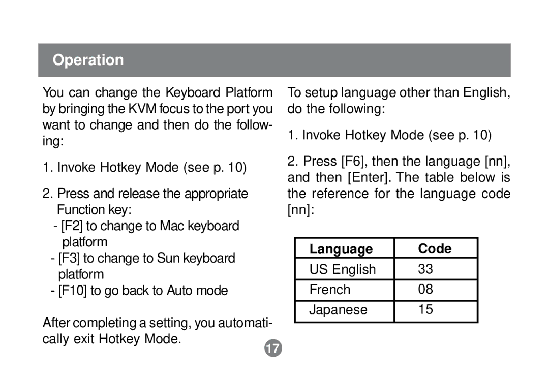 IOGear GCS632U installation manual Language Code 