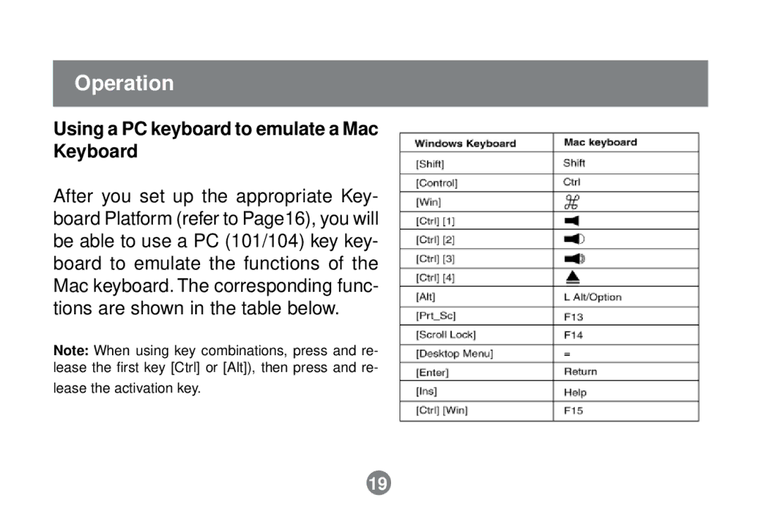 IOGear GCS632U installation manual Using a PC keyboard to emulate a Mac Keyboard 