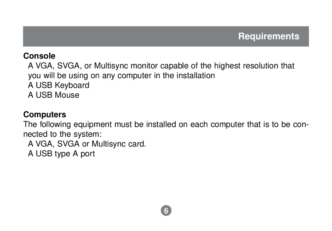 IOGear GCS632U installation manual Requirements, Console, Computers 