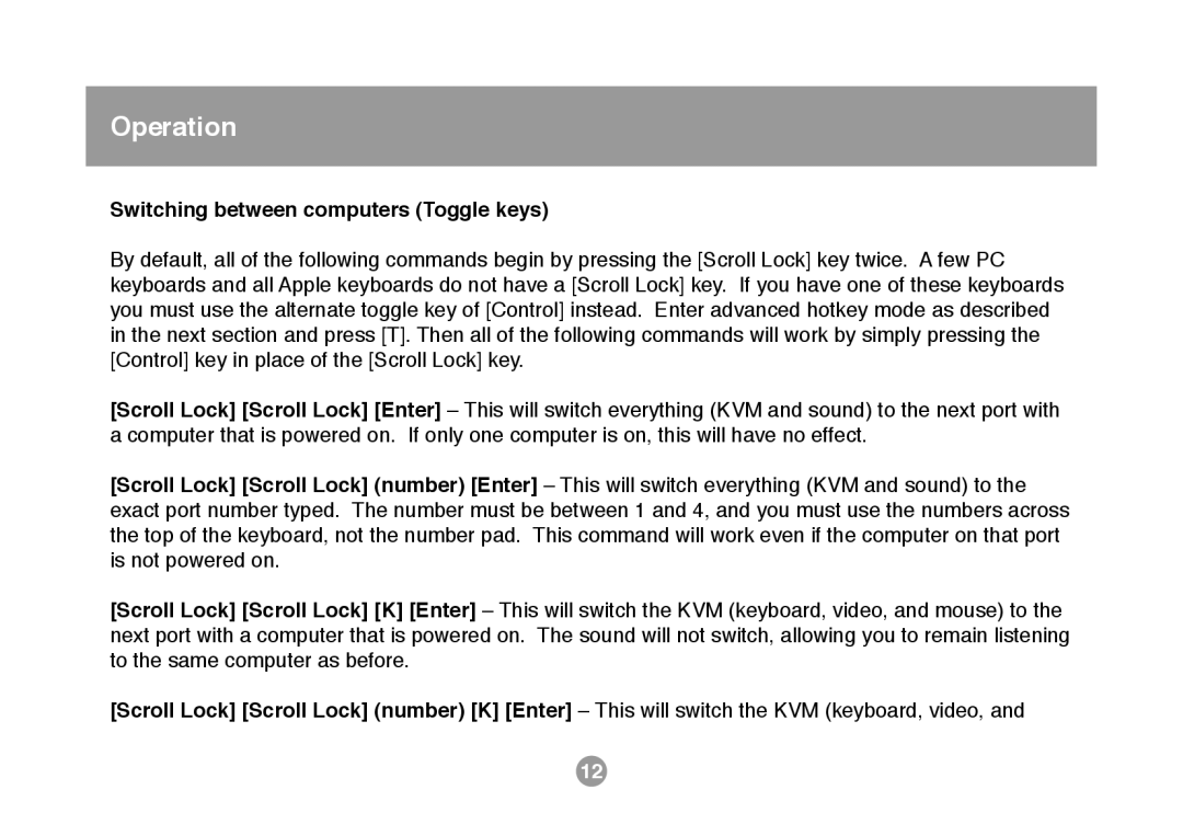 IOGear GCS634U user manual Operation, Switching between computers Toggle keys 