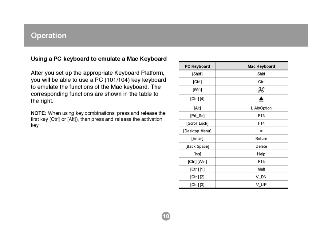 IOGear GCS634U user manual Using a PC keyboard to emulate a Mac Keyboard, PC Keyboard Mac Keyboard 