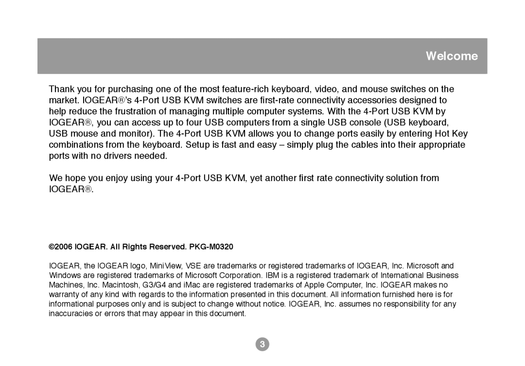 IOGear GCS634U user manual Welcome, IOGEAR. All Rights Reserved. PKG-M0320 