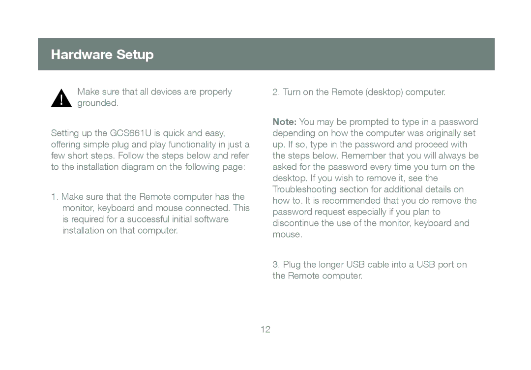 IOGear GCS661U user manual Hardware Setup, Make sure that all devices are properly grounded 