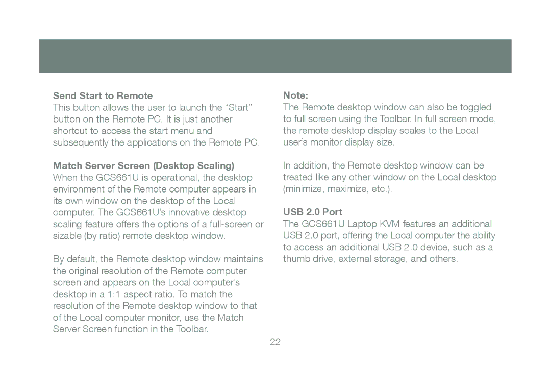 IOGear GCS661U user manual Send Start to Remote, USB 2.0 Port 