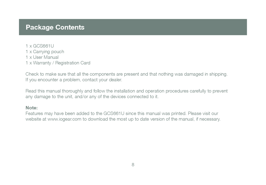 IOGear GCS661U user manual Package Contents 
