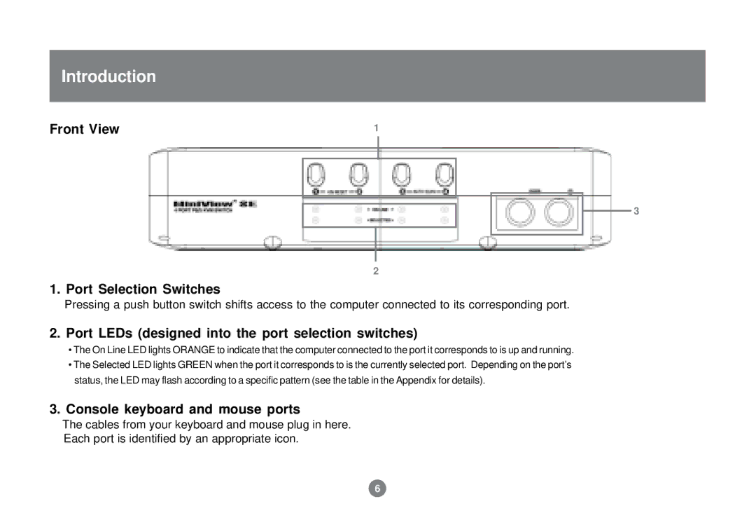 IOGear GCS82B, 84B user manual Introduction, Port Selection Switches, Port LEDs designed into the port selection switches 