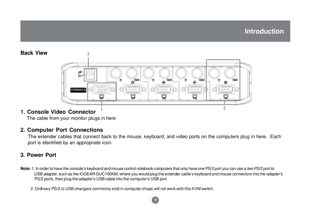 IOGear 84B, GCS82B user manual Computer Port Connections, Power Port 