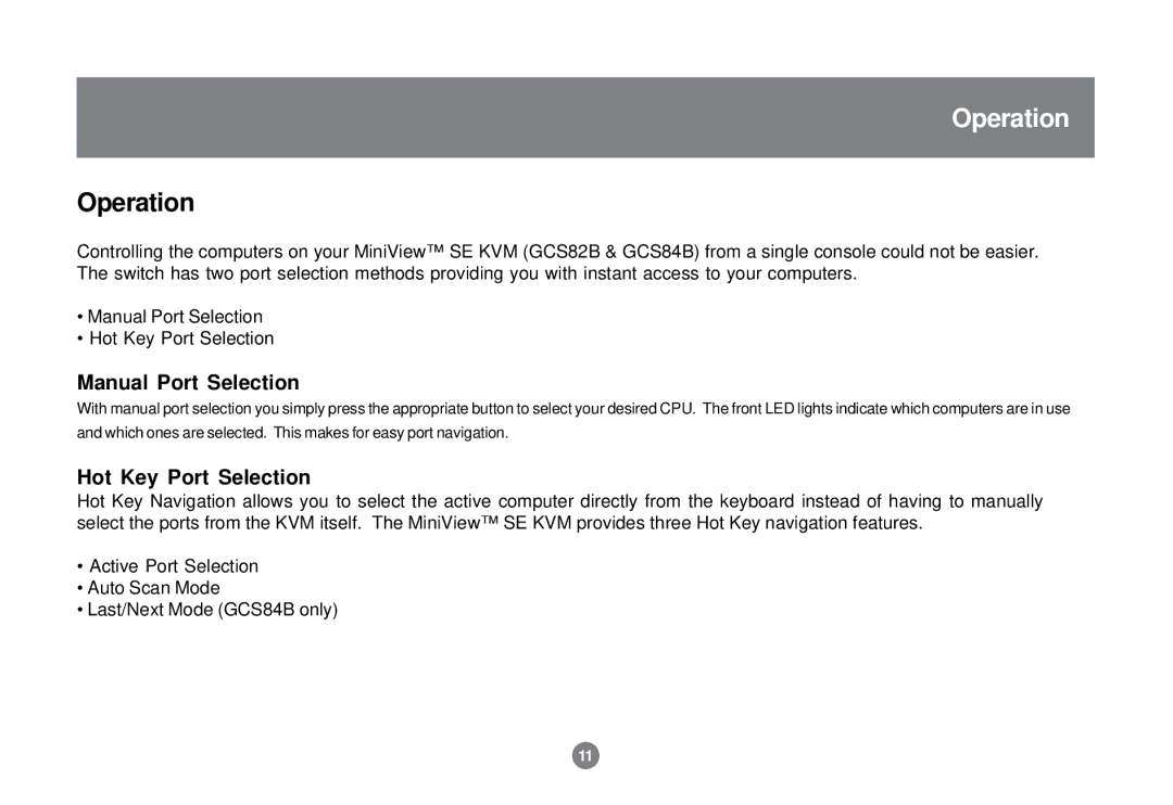 IOGear 84B, GCS82B user manual Operation, Manual Port Selection, Hot Key Port Selection 