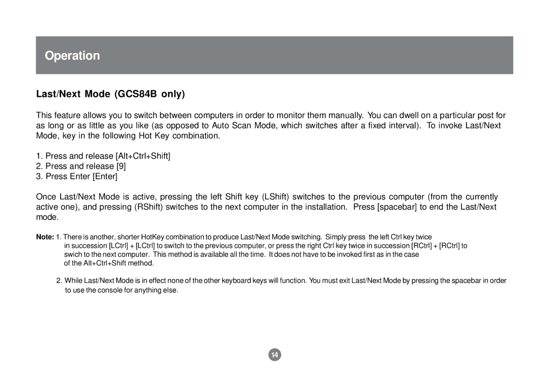 IOGear GCS82B user manual Last/Next Mode GCS84B only 