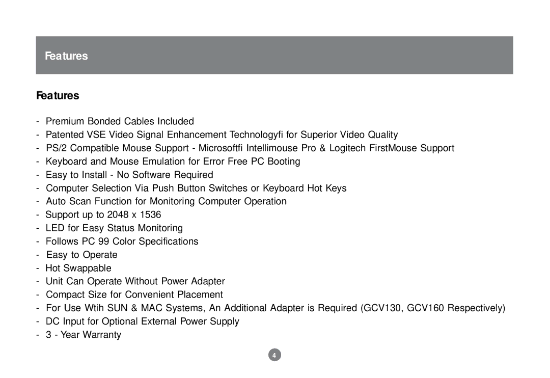 IOGear GCS82B, 84B user manual Features 