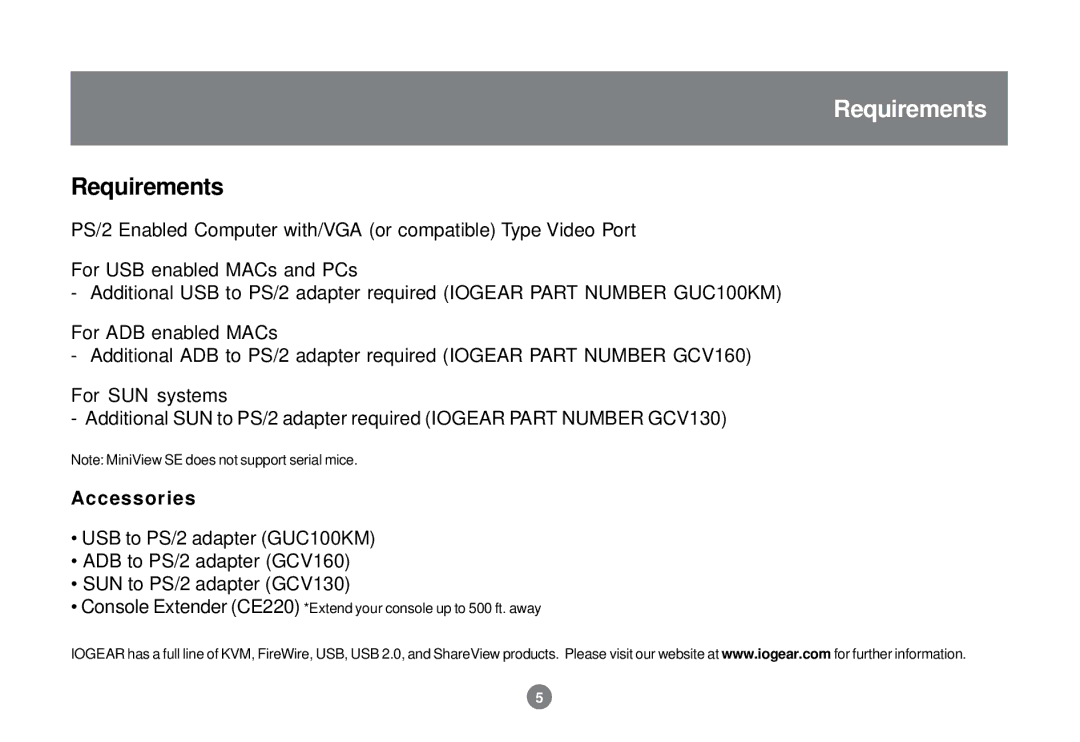 IOGear GCS82B/GCS84B user manual Requirements, Accessories 