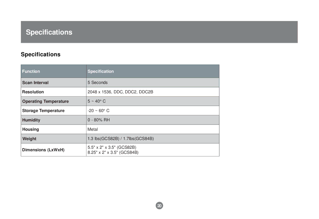 IOGear GCS82B/GCS84B user manual Specifications 