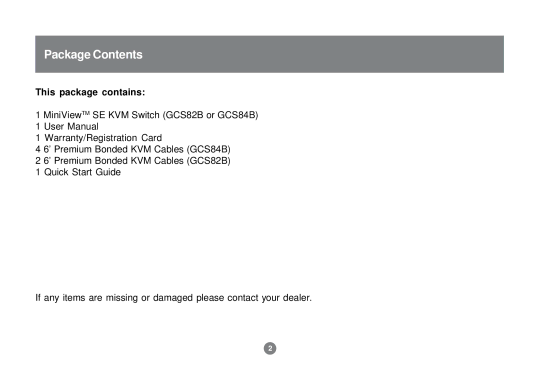 IOGear GCS82B/GCS84B user manual Package Contents 