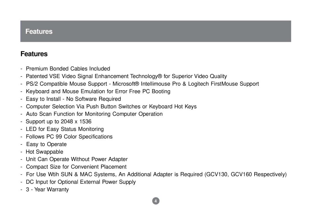 IOGear GCS82B/GCS84B user manual Features 