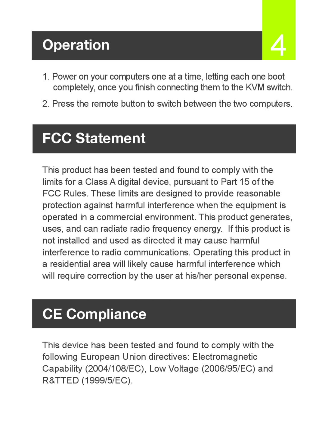 IOGear GCS922U Operation4, FCC Statement, CE Compliance, Press the remote button to switch between the two computers 