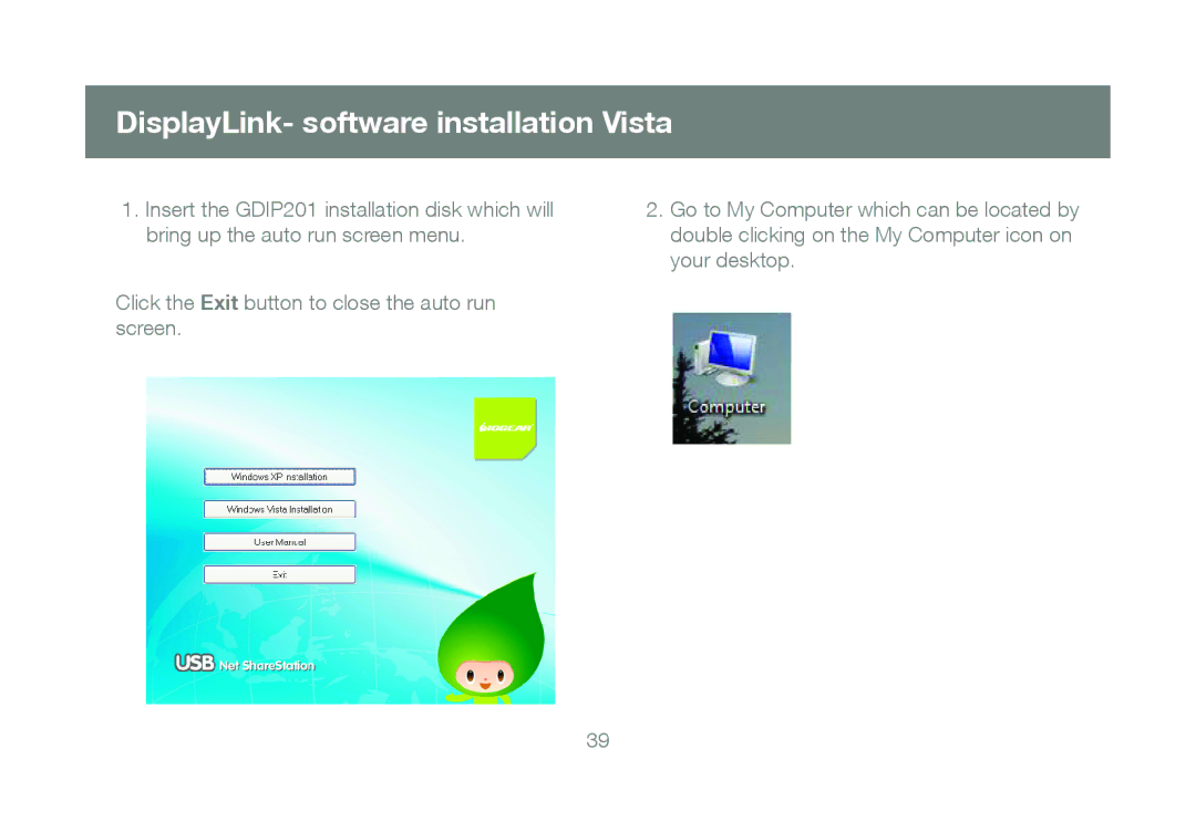 IOGear GDIP201 manual DisplayLink- software installation Vista 