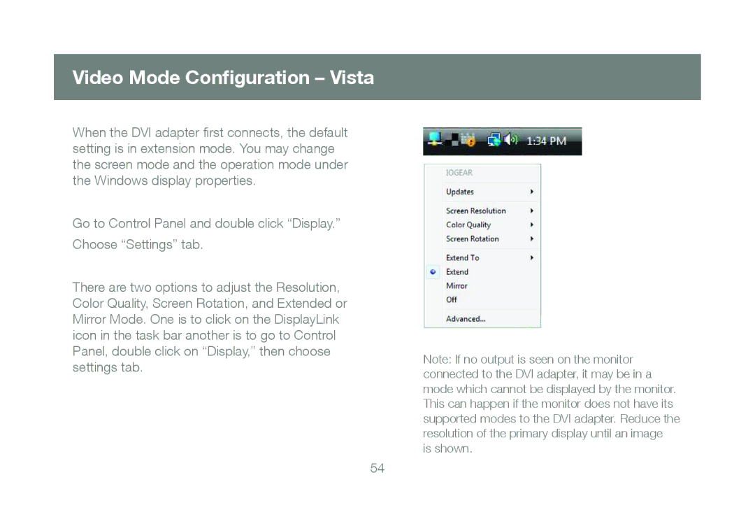 IOGear GDIP201 manual Video Mode Conﬁguration Vista 